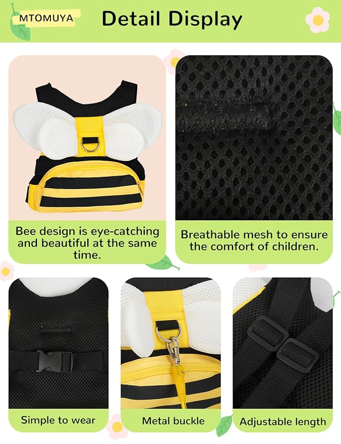 Toddler Harness with Anti Lost Wrist Link - 3-in-1 Baby Safety Leash Backpack, Adjustable Kids Walking Belt with Pocket,Child Locking Wristband for Boys & Girls for Outdoor Travel, Yellow Bee