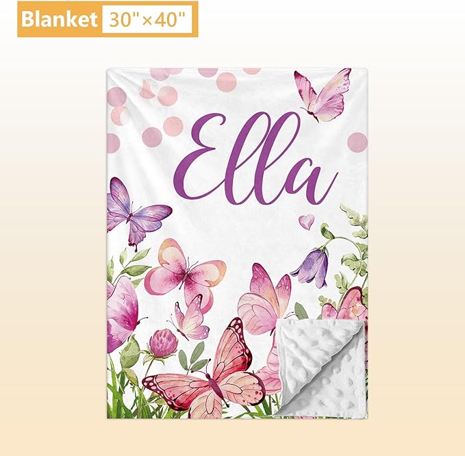 Personalized Baby Bedding Set, 5 Pcs Custom Infants Bedding Set with Infant Name, Double Layer Nursery Crib Set for Girls Boys, Customized Gifts for Toddler Baby Shower, Pink & Purple Butterfly