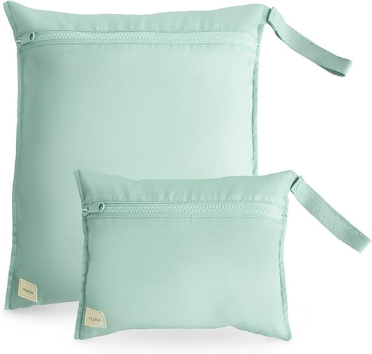 mushie Water Resistant Wet Bags | Large & Small Reusable Storage Bag for Baby Items and Travel | Zippered Pockets with Handle | Machine Washable, Set of 2 (Roman Green)