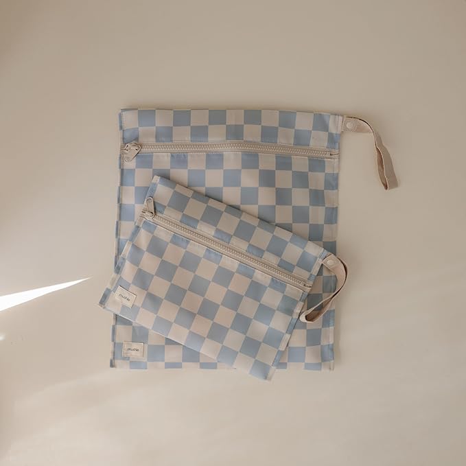 mushie Water Resistant Wet Bags | Large & Small Reusable Storage Bag for Baby Items and Travel | Zippered Pockets with Handle | Machine Washable, Set of 2 (Blue Check)