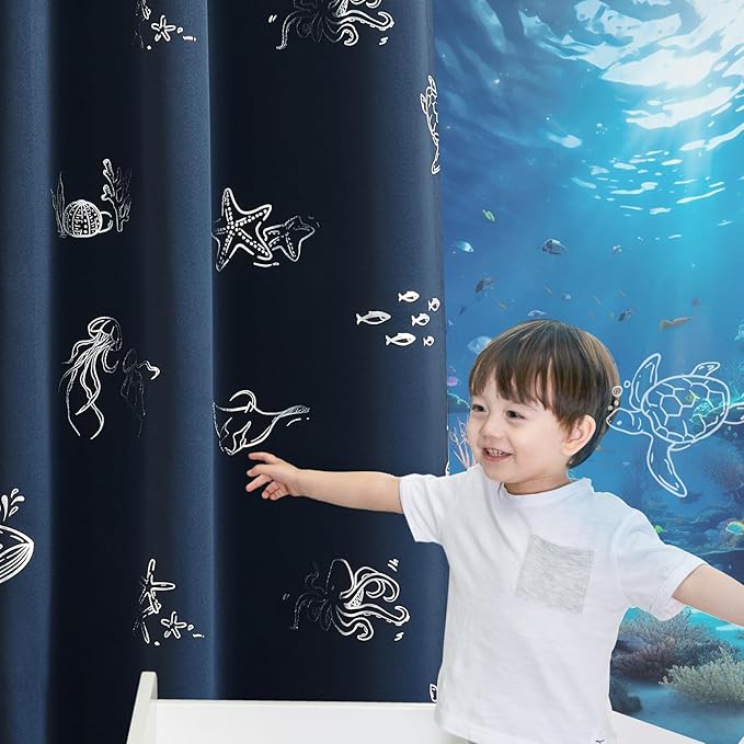 Vangao Kids Curtains for Boys Bedroom Kids Blackout Curtains 63 Inch Length Ocean Aquarium Nursery Drapes for Girls Bedroom Silver Sea Animals Print Thermal Insulated Drapes, Navy Blue 2 Panels