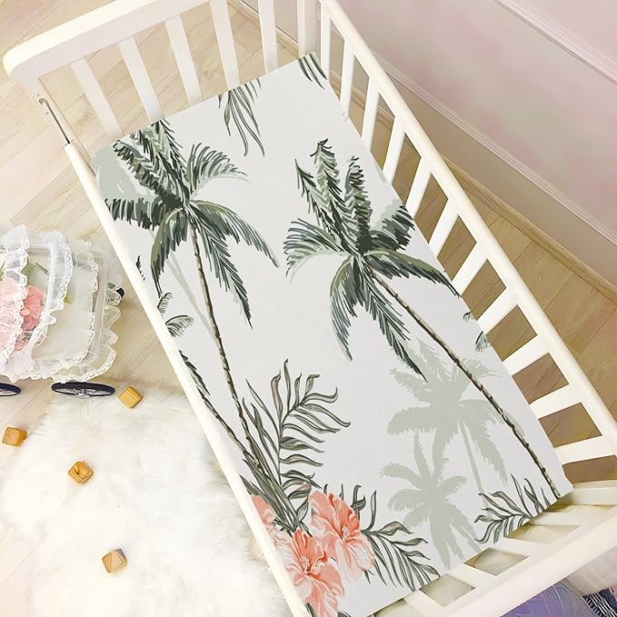 Tropical Vintage Palm Trees Crib Sheets for Boys and Girls, Fitted Baby Crib Sheets Soft and Breathable Mini Crib Sheets 52 X 28 X 9 Inches