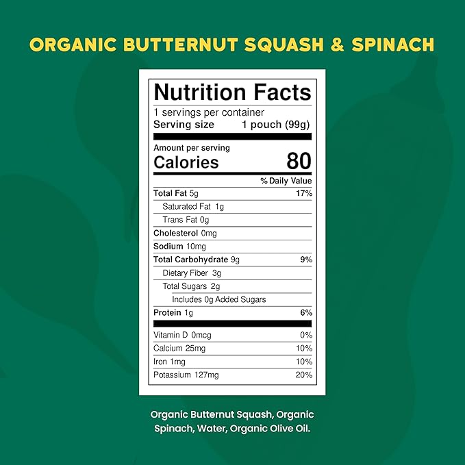 Serenity Kids 6+ Months Veggie Puree Baby Food Pouches - Butternut Squash & Spinach - USDA Organic No Added Sugar Allergen Free BPA-Free - Healthy Toddler Food - 3.5 Oz, 12 Pack