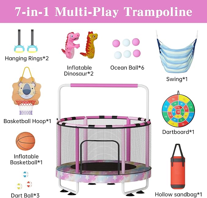 LAMERGE 55" 7-in-1 Round Trampoline for Kids Boys & Girls Ages 1-8, Indoor & Outdoor Trampoline for Fun, Adjustable Height Handrail ＆ Enclosed Safety Net ＆ Durable Designs for Toddlers Children