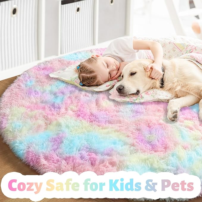 Amdrebio Rainbow Fluffy Round Rug 5Ft Kids Rugs - Image 3