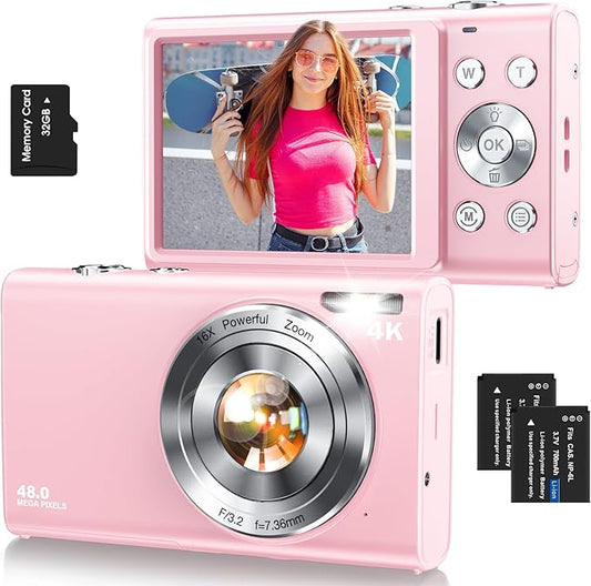 Digital Camera,Autofocus 4K Vlogging Camera for Photography with 32GB Card,48MP Portable Compact Point and Shoot Digital Camera for Teens Adult Beginner with 16X Zoom,Anti-Shake,2 Batteries(Pink)