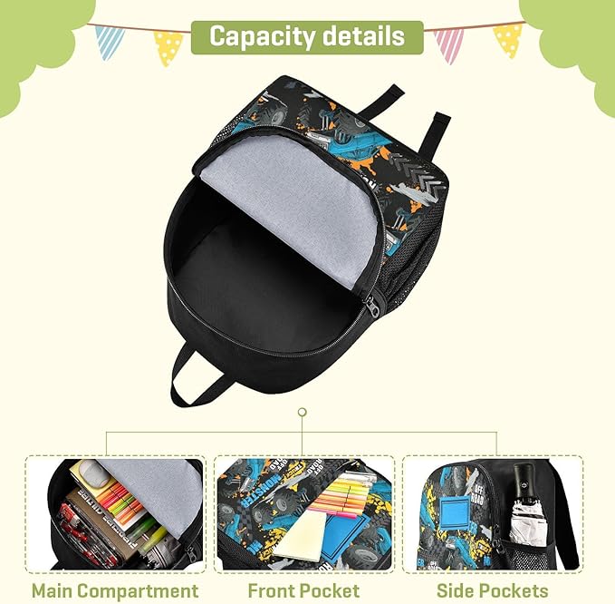 Toddler Monster Truck Waterproof Mini Backpack, 11 Inch, Pattern 4, Black, Small