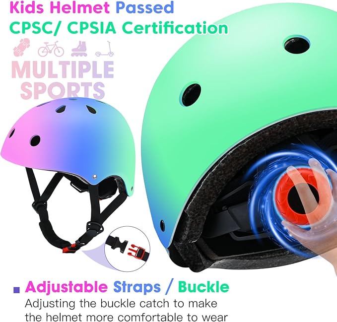 Color Gradient Adjustable Kids Bike Helmet Toddler Skateboard Helmets Boys Girls Child Ventilation Helmet for Multi-Sports Skating Cycling Scooter Balance