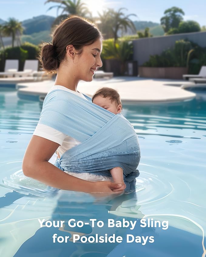Momcozy Baby Carrier AirMesh - The Perfect Summer Water Sling for Newborns to Toddler 8-35 lbs - Cooling, Breathable and Lightweight Baby Wrap, Nice for Summer, Pool, Beach, Swimming, Light Blue