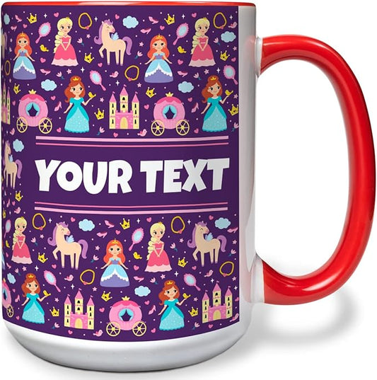 Personalized Mug for Kids - Princesses - Custom Name/Text, Ceramic Hot Chocolate/Cocoa/Coffee Cup for Girls, Birthday/Christmas/Holiday Gift - 15 oz, Red Handle