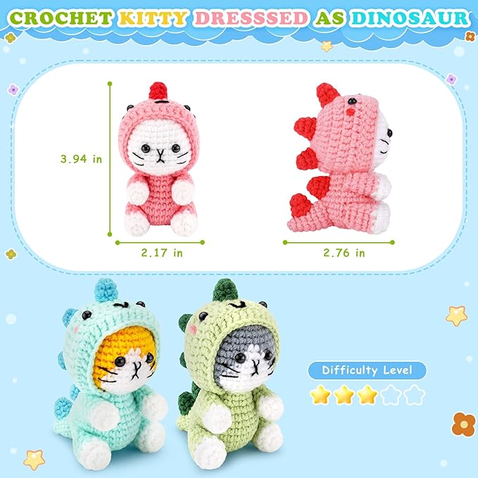 Crochet Kit for Beginners - 3 PCS Dinosaur Cat Crochet Kits with Step-by-Step Video Tutorials, Beginner Crochet Kit for Adults Kid, Crochet Animal Kit for Starters, Cat Dressed as Dinosaur Crochet Set