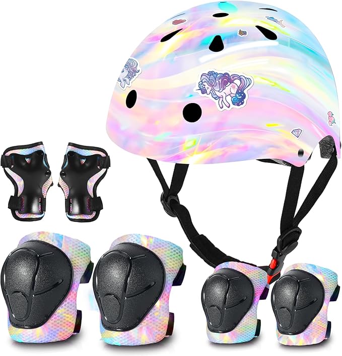 Adjustable Kids Bike Helmet with Knee & Elbow Pads Set, Color Gradient Design for Boys and Girls Aged 3-14+, for Skateboarding, Scooter, Roller & Inline Skating, Longboard