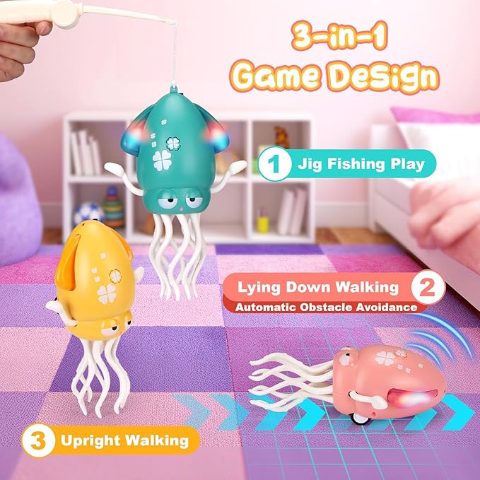 Magic Electric Dancing Octopus Toy with Led Light and Music,Playful Automatic Evasion Crawling Dancing Octopus with Fishing Rod,Smart Tentacle Explorer Dancing Squid Toy Tummy Time Baby Toys,Green