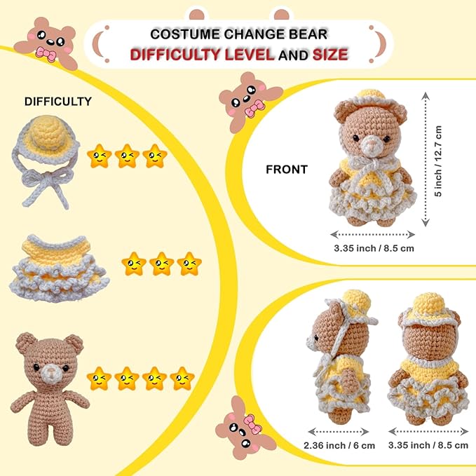 LoopMap Crochet Kit for Beginners - DIY Amigurumi Bear with Removable Dress & Accessories - Step-by-Step Video Tutorials, Extra Yarn, Crochet Tools, Handmade Gift for Kids & Adults (Bear K02, Yellow)