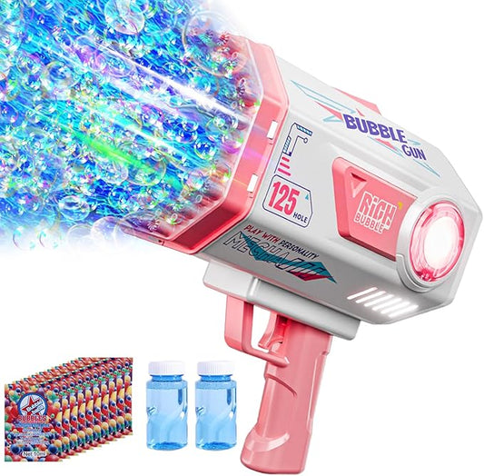 BOMOCO Bubble Gun,125 Holes Bubble Machine Bubbles for Kids Age 3-12,Bubble Blaster Gun with Bubble Solution Summer Outdoor Bubble Toys Birthday Wedding Halloween Party Favors Gifts Bubble Maker,Pink