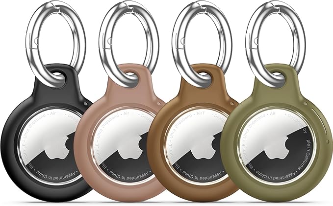 Upgrade Waterproof 4 Pack Airtags Holder with Apple Airtags Keychain, Hard PC Air Tag Case, Anti-Scratch & Shock Air tag Holder, Men's Women's Keyrings & Keychains -Black+Light Brown+Brown+Army Green