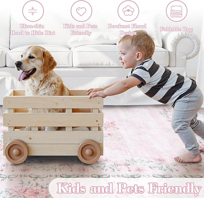 Wonnitar Floral Bow Pink Rug for Bedroom, Washable 5x7 Area Rug for Girls Nursery, Ultra-Thin Non Slip Soft Boho Carpet for Kids Room Dorm Living Room, Light Pink