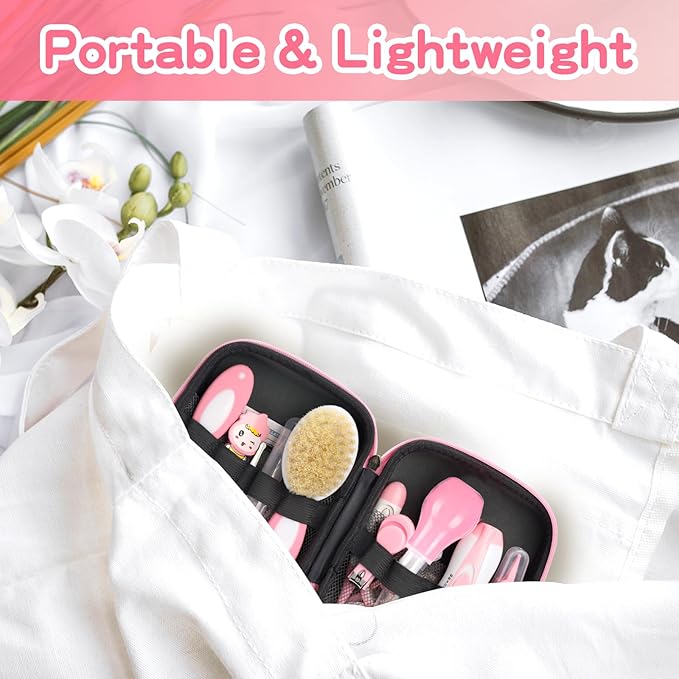 Infant Grooming Essentials: Electric Safety Nail Trimmer, Nasal Aspirator, Hair Brush, Comb, Nail Clipper (27 Piece Safety Care Set for Newborns - Pink)