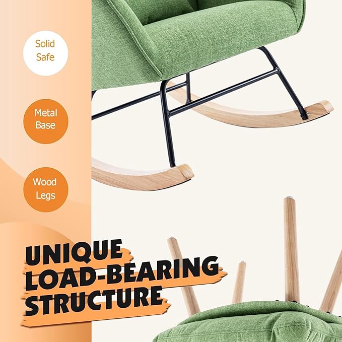 Rocking Chair with Ottoman and Pillow, Glider Rocker Chair, Accent Arm Chair Lounger for Living Room/Bedroom/Nursery, High Back, Solid Hardwood Base, Green