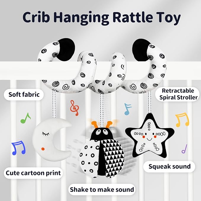 Car Seat Toys for Babies 0-6 Months,Hanging Rattle Toys for Crib Mobile, Baby Spiral Hanging Stroller Black and White High Contrast Toys for Newborn 0 3 6 9 12 Months Baby Boys Girls (Bug)