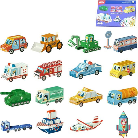 MIREONETRY Origami Paper for Kids Ages 6+,16 Style 3D Car Origami Paper Kit,Easy Origami Kits Art for Beginners Kids Adults,Best Gifts for Boys&Girls (car)