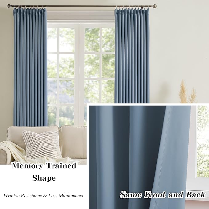 KEQIAOSUOCAI Dusty Blue Pinch Pleated Curtains 126 Inches Long Room Darkening Draperies Luxury Decor for Living Room Nursery (Stone Slate Blue 40x126 Inch 2 Panels)