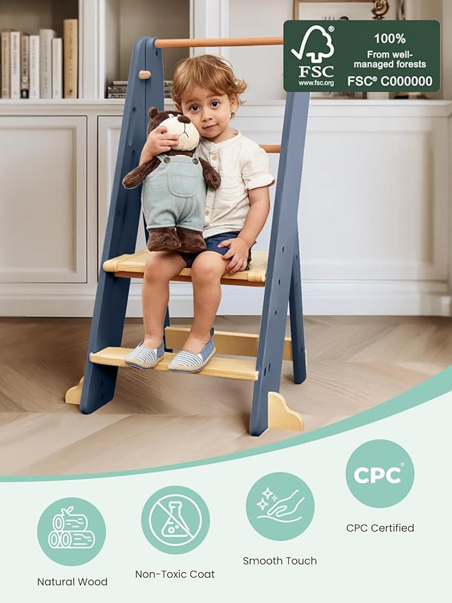 GROWNSY Foldable Step Stool Toddler Tower, Toddler Kitchen Stool Helper, Collapsible Kids Standing Learning Tower with 3 Adjustable Heights and Safety Net for Kitchen Bathroom Sink Counter (Blue Gray)