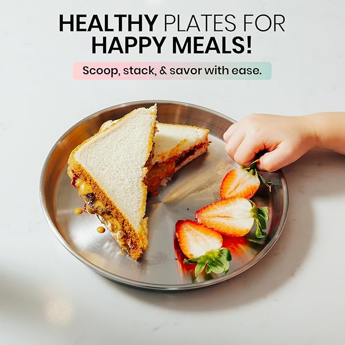 Children's 304 Stainless Steel Four (4) Piece Plate Set, 21 cm, Matte Finish, Plates for Kids, Toxin Free Stainless Steel Dinnerware Set, Non-Divided Plates, 100% BPA Free