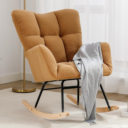 NIOIIKIT Nursery Rocking Chair Teddy Upholstered Glider Rocker Rocking Accent Chair Padded Seat with High Backrest Armchair Comfy Side Chair for Living Room Bedroom Offices (Kahaki Teddy)
