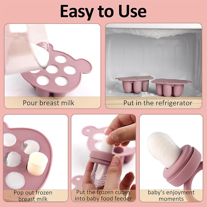Silicone Baby Fruit Food Feeder & Mini Freezer Nibble Tray, Breastmilk Popsicle Molds for Baby Teething Relief, BPA Free Silicone Teething Toys Feeder for Safe Infant Self Feeding, Extra Food Pouches