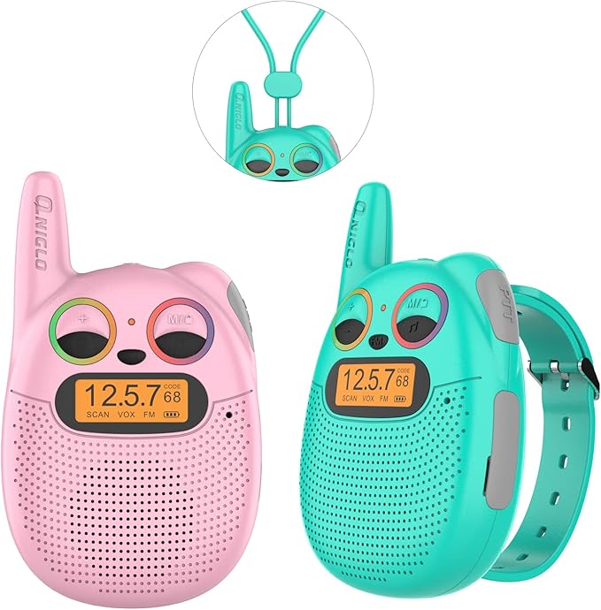 Qniglo Walkie Talkies for Kids Rechargeable, 2 Pack with FM Handheld Walki Talki with Wearable Lanyard & Wrist for Outdoor Camping Games & Birthday Xmas Toys Gifts for Boys Girls Kids