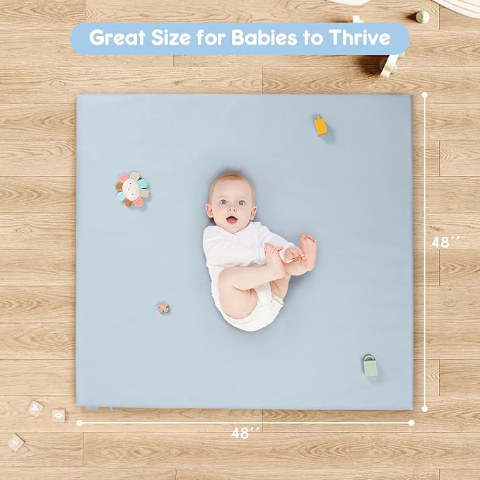Stylish Padded Baby Play Mat for Your Boy or Girl - Extra Thick & Super Soft Vegan Leather Floor Mat Creates A Safe Play Area for Little Ones - Blue