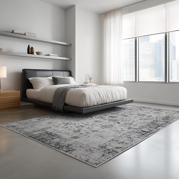 Washable Rugs 5x7 Area Rugs for Living Room, Thin Carpet for Bedroom, Soft Faux Wool Retro Dining Room Rug，Non Slip&Non-Shedding Resistant Low Pile Vintage Print Rug for Home Office (White/Grey)