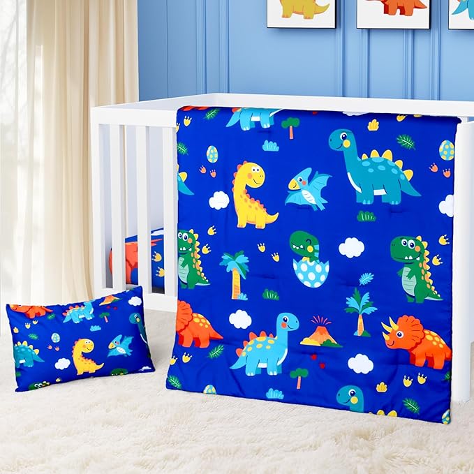 Cloele Crib Bedding Set for Boys Girls- 3 Piece Dinosaur Baby Bedding Set Soft Comforter Bed Set Includes Toddler Pillowcase Crib Sheet Baby Quilt - Nursery Bedding Set for Boys-Colorful Dinosaur