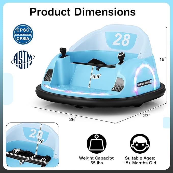 GLACER 12V Bumper Car, Electric Kids Bumper Car w/Parental Remote, 3-Speed, 360°Spin, Music, LED Light, Battery Ride on Bumper Car w/Dual Joysticks, Baby Bumper Car for Toddlers 18 Months+ (Blue)
