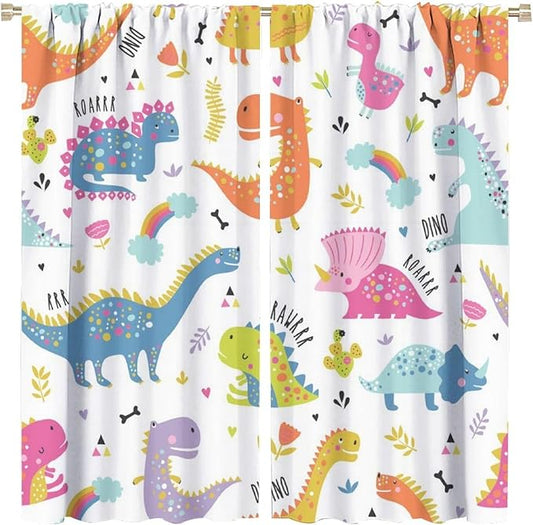 Cartoon Dinosaur Curtains for Kids Boys Girls Home Decor Childish Cute Dino Animals Print Pattern Rod Pocket Blackout Window Drapes for Nursery Baby Bedroom Playroom W31.5xL63in 2 Panels