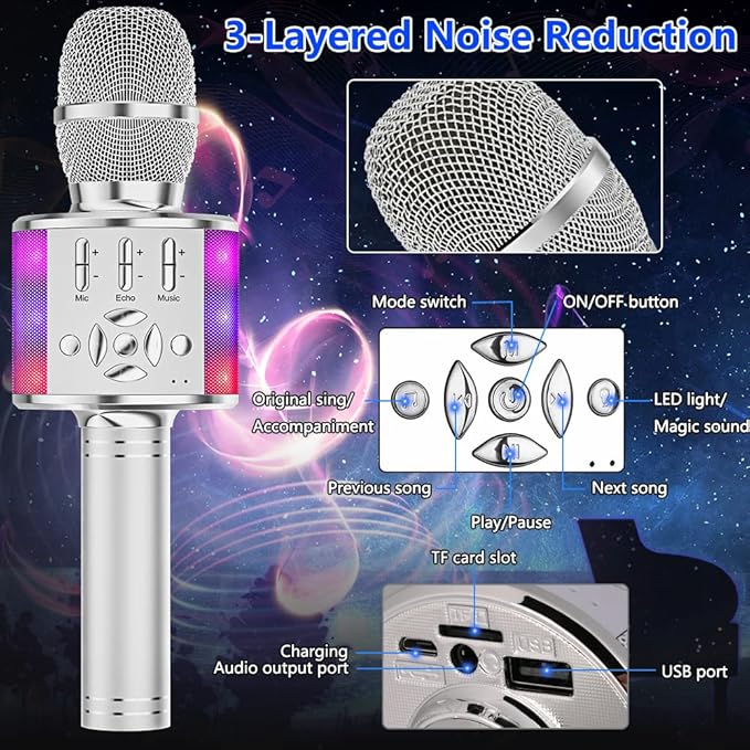 Amazmic Kids Karaoke Microphone Machine Toy Bluetooth Microphone Portable Wireless Karaoke Machine Handheld with LED Lights, Gift for Children Adults Birthday Party, Home KTV(Silver)