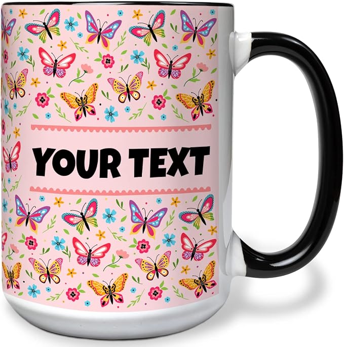Personalized Mug for Kids - Butterflies - Custom Name/Text, Ceramic Hot Chocolate/Cocoa/Coffee Cup for Girls, Birthday/Christmas/Holiday Gift - 15 oz, Black Handle
