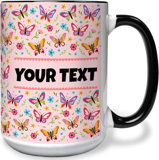 Personalized Mug for Kids - Butterflies - Custom Name/Text, Ceramic Hot Chocolate/Cocoa/Coffee Cup for Girls, Birthday/Christmas/Holiday Gift - 15 oz, Black Handle