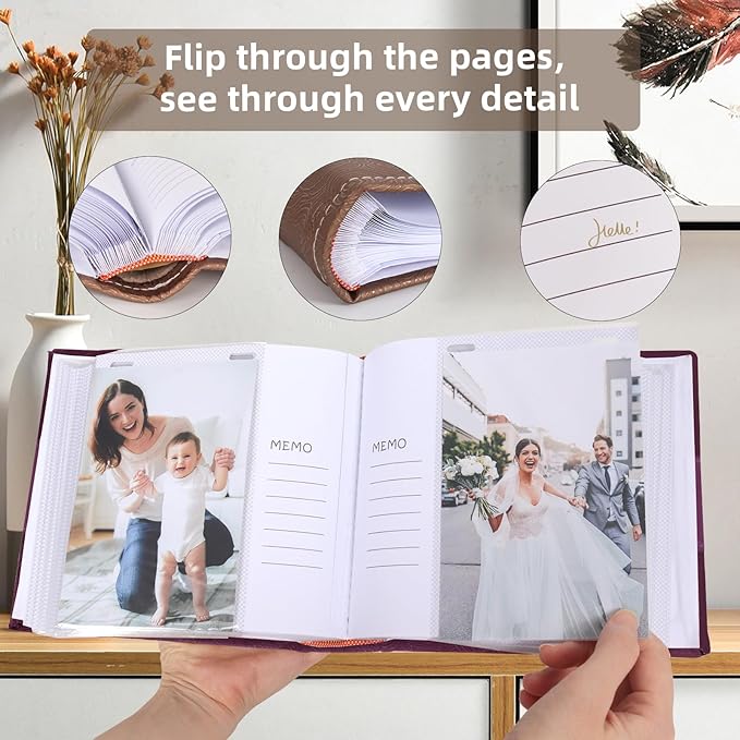 RECUTMS Photo Album 4x6 with Writing Space 100 Photos Photo Book, Leather Cover Picture Album with Memo Areas for Wedding Anniversary Family Baby Couple Valentines Graduation Travel (Purple)