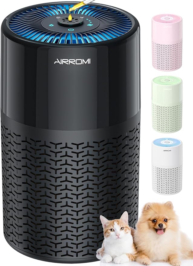 AIRROMI Pets Air Purifier for Home Allergies,Up to 660 ft².Yellow Deodorizing Activated Carbon Filter,With Fragrance Sponge for Better Sleep,Night Light,Pet Dander,Smoke,Odors,Air Cleaner A2002 Black