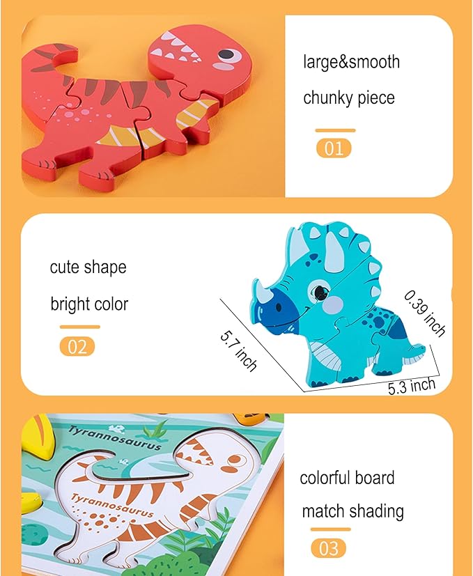 Wooden Jumbo Base Dinosaur Puzzle1-3, Dinosaurs Toys for 2 3 Years Old Boy Girls Kids,Toddler Toys Ages 2-4,Preschool Wood Dino Educational Gifts for Boys