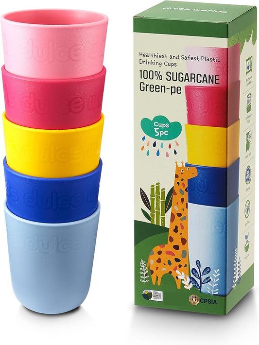 SUGARCANE Kids Cups 10 oz - 5 Pack, USDA & LFGB Certified Toddler Cups - BPA Free - Dishwasher Safe, Reusable, Unbreakable - Multi