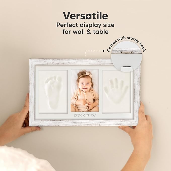 Baby Hand and Footprint Kit - Clay Handprint Keepsake Frame, Newborn Nursery Picture Frame, Personalized New Mom Gifts for Baby Shower & Registry (Vintage Gray)