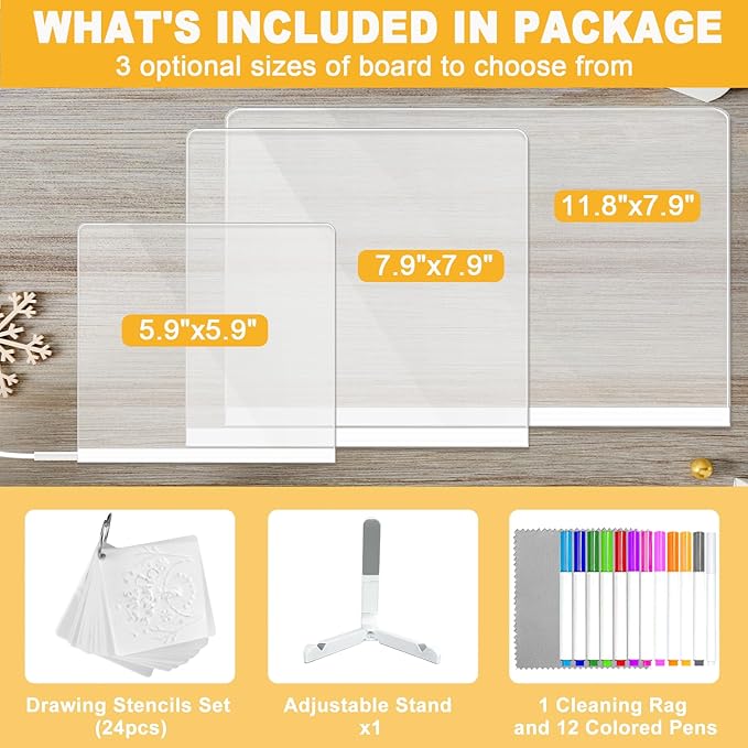 LED Acrylic Message Board, Light Up Acrylic Dry Erase Board 5.9x5.9” with Stand, LED Note Board with Colors for Kids, Glow Memo Message Writing Board with Light, Drawing Stencils Set Included