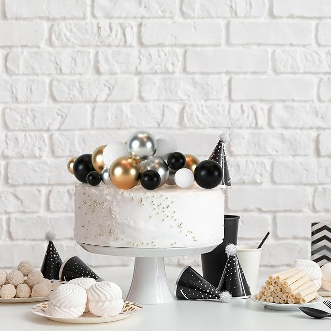 75 Pieces Cake Balls Topper Decorations Foam Cupcake Topper Mini Balloon Cake Topper Balls Cake Picks for Cake Deco Birthday Party Wedding（Black, Gold. Silver, White）