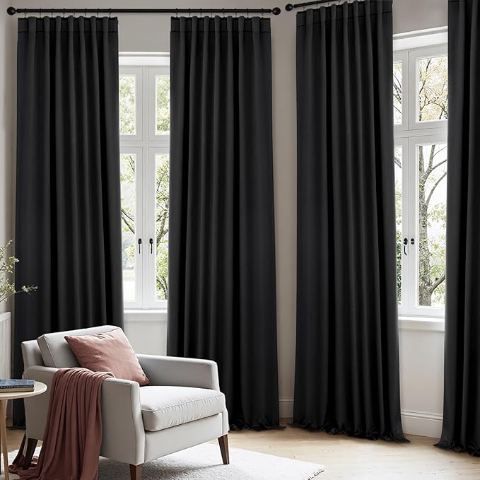 ANRODUO Back Tab Blackout Curtains for Bedroom Living Room, Rod Pocket Pinch Pleated Thermal Insulated Room Darkening Curtains 36 Inches Long 2 Panels, Black, 42 x 36 Inch