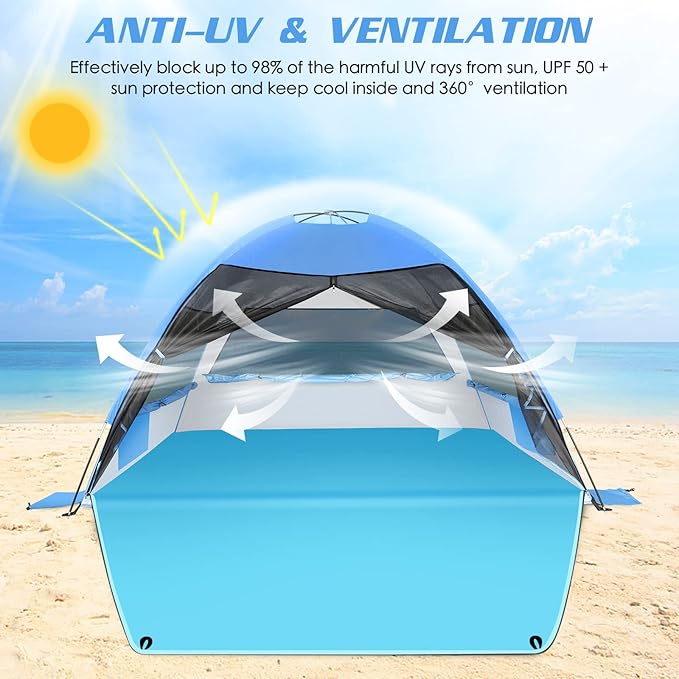 Large Easy Setup Beach Tent,Anti-UV Beach Shade Beach Canopy Tent Sun Shade with Extended Floor & 3 Mesh Roll Up Windows Fits 3-4 Person,Portable Shade Tent for Outdoor Camping Fishing (Blue)