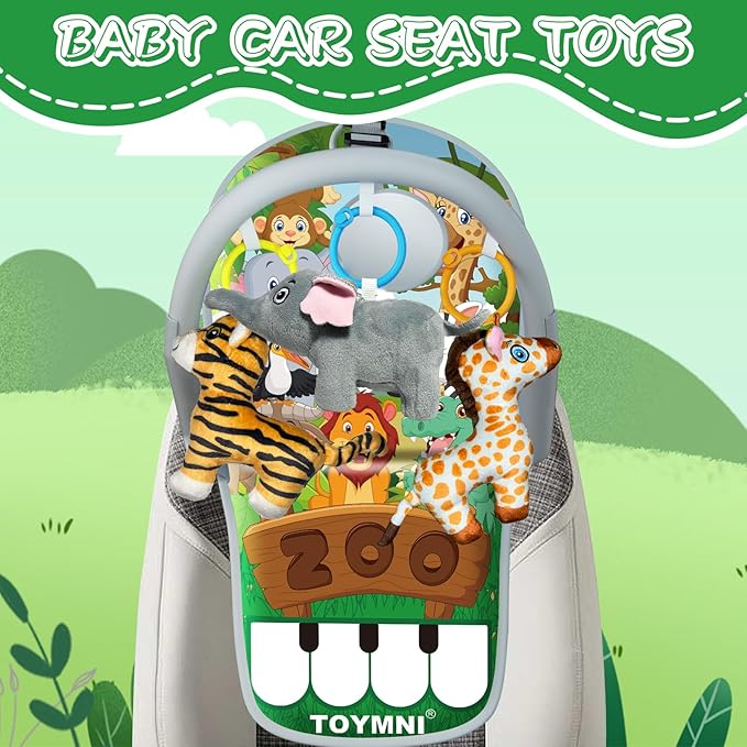 Car Seat Toys for 6-12 Months - Musical Pedal Piano with Baby Mirror, Squeaky Sensory Soft Animal Toys for Rear Facing Carseats