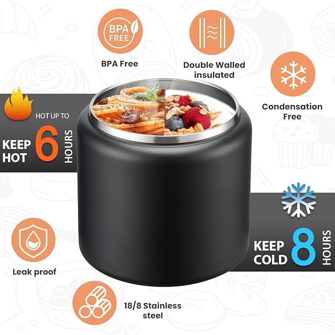 Soup Thermo for Hot Food Kids 25.5oz Lunch Containers with Buckle Lid Wide Mouth Hot Food Jar Vacuum Insulated Stainless Steel Bento Box Leakproof with Spoon(Black)